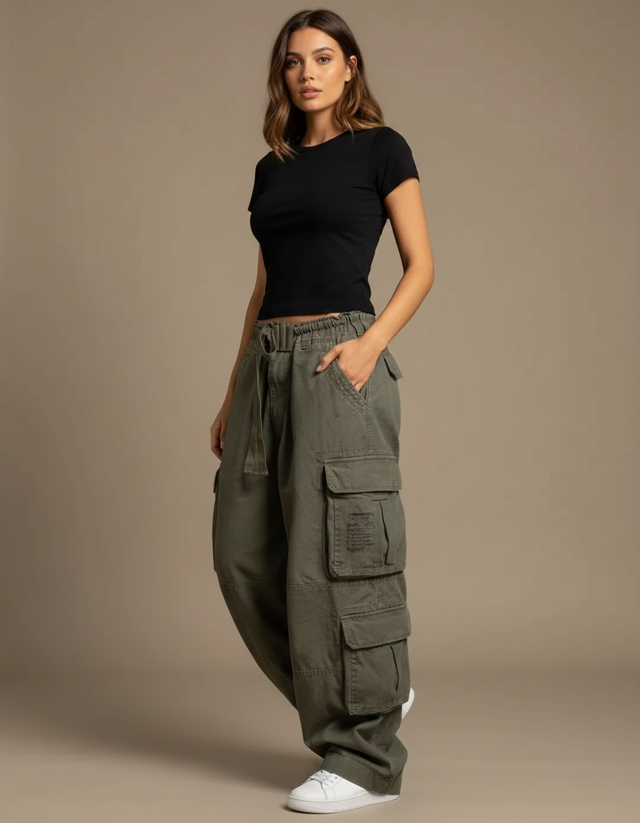 Pantalon Cargo Vert Olive Ample Décontracté Femme - Kaki Toile