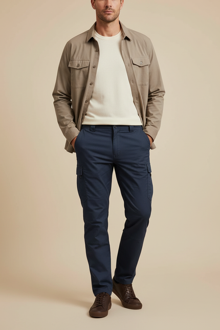 Pantalon Cargo Bleu Marine Homme Coupe Droite Décontracté - Toile