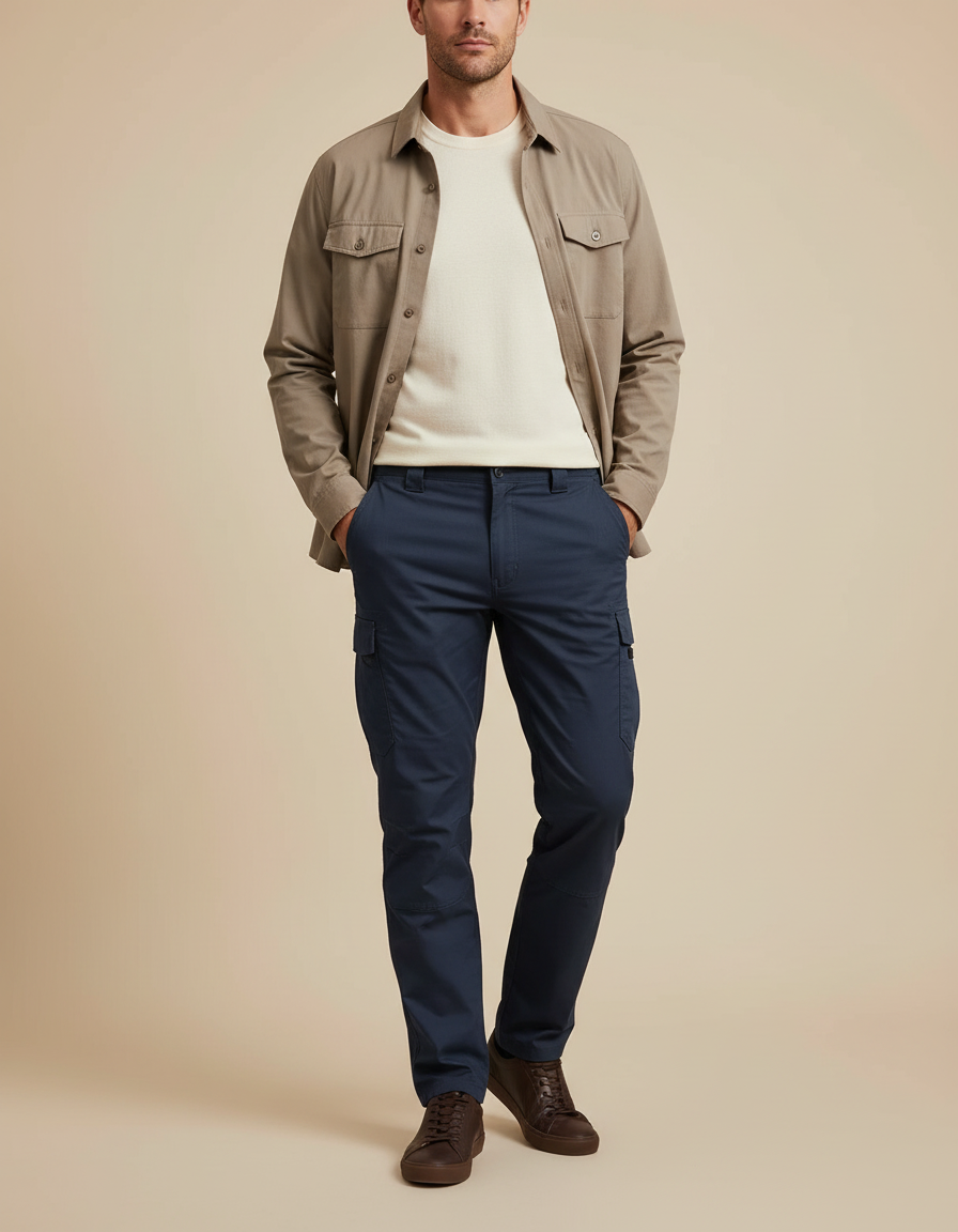 Pantalon Cargo Bleu Marine Homme Coupe Droite Décontracté - Toile
