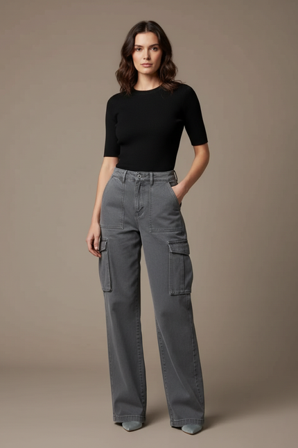 Pantalon Cargo Gris, Ample, Multipoches, Taille Haute, Décontracté - Jean