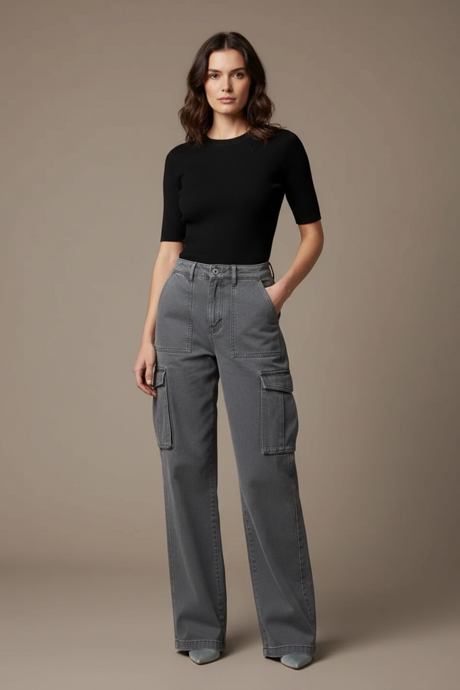 Pantalon Cargo Gris, Ample, Multipoches, Taille Haute, Décontracté - Jean