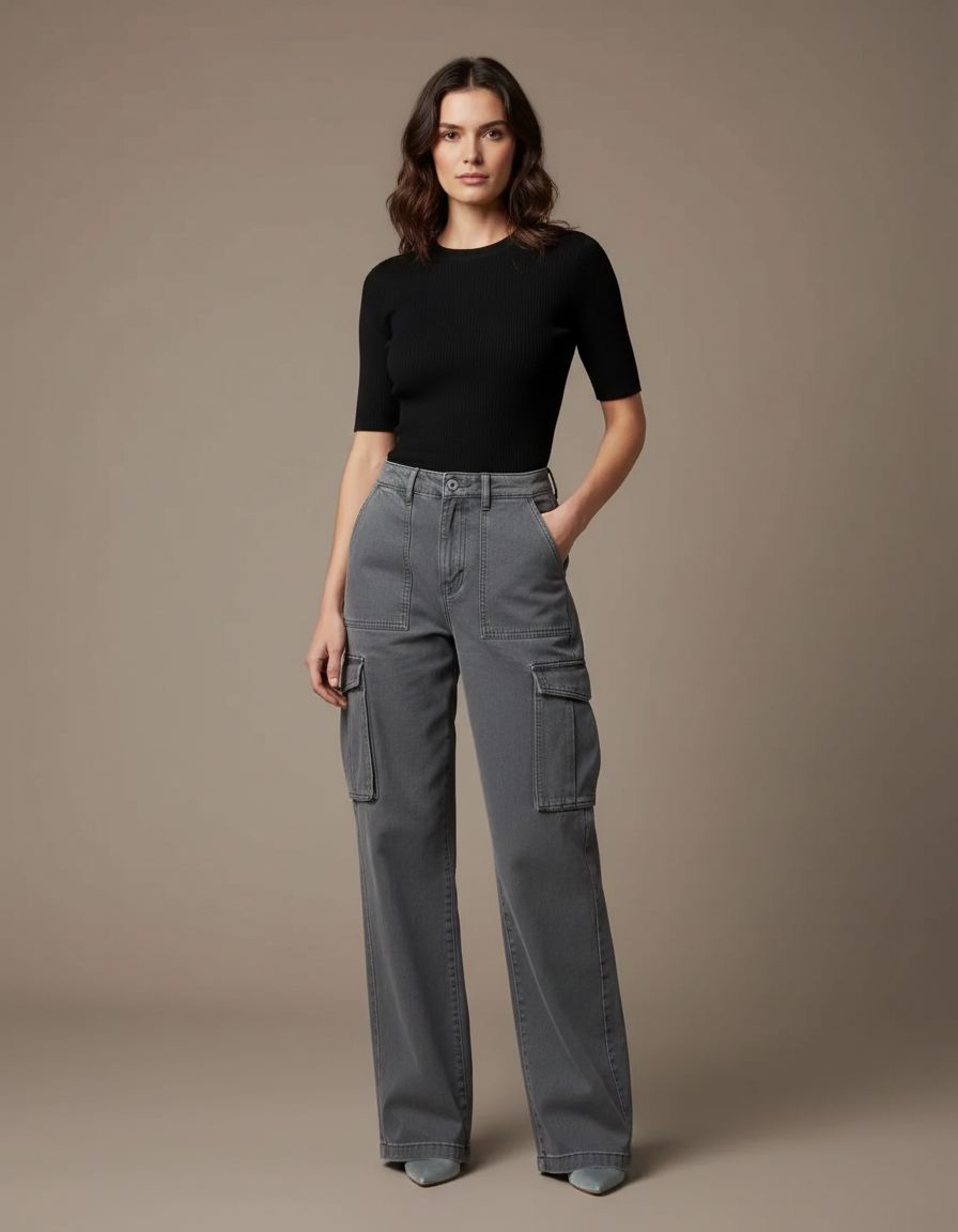 Pantalon Cargo Gris, Ample, Multipoches, Taille Haute, Décontracté - Jean