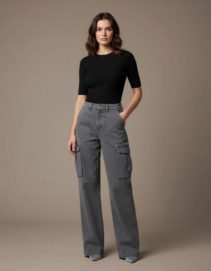 Pantalon Cargo Gris, Ample, Multipoches, Taille Haute, Décontracté - Jean