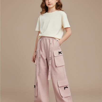 Pantalon Cargo Rose Ample Multipoches Fille Bowknot - Toile