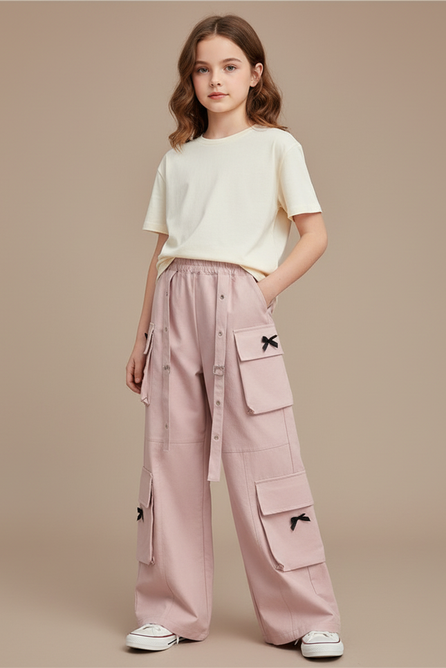 Pantalon Cargo Rose Ample Multipoches Fille Bowknot - Toile