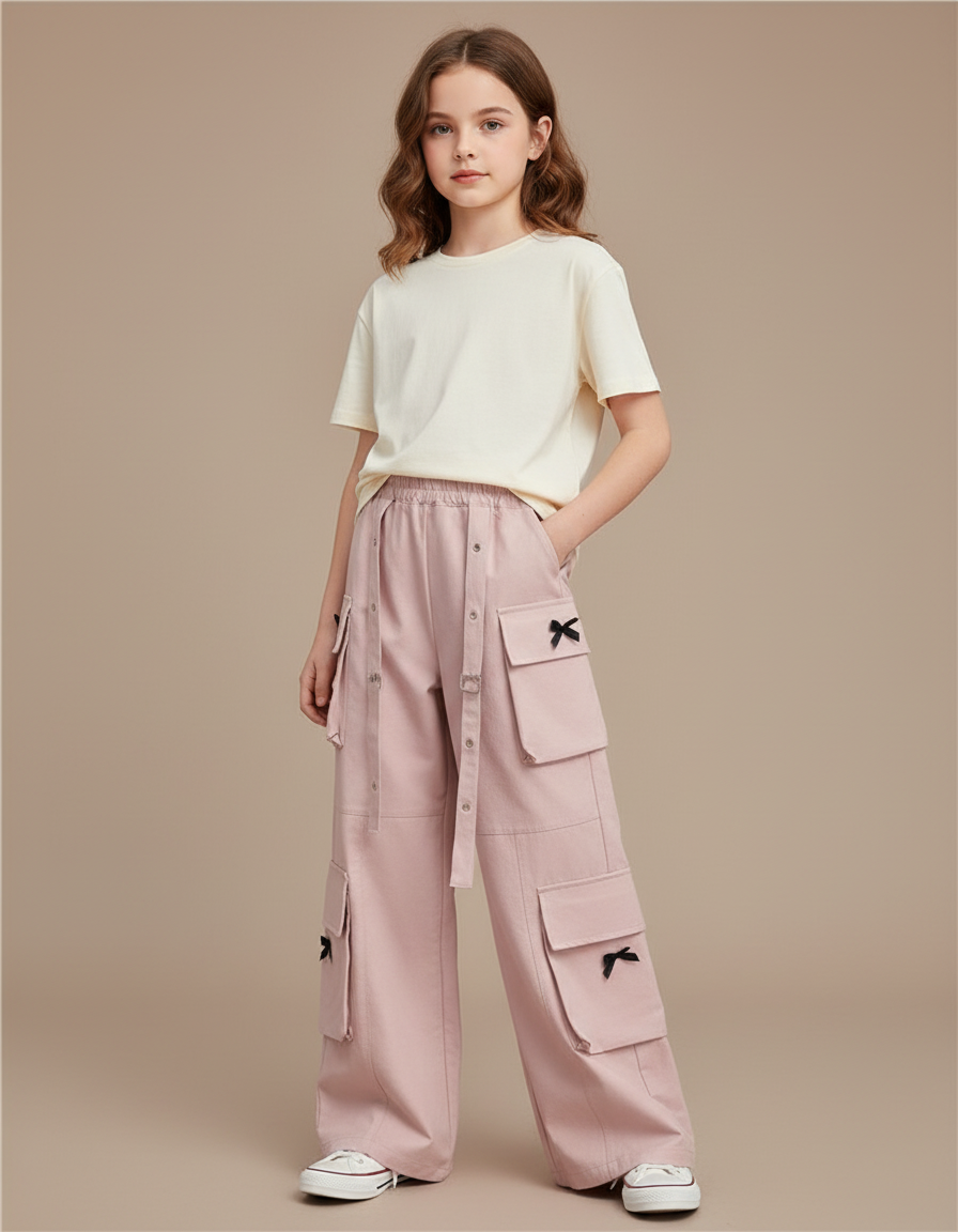 Pantalon Cargo Rose Ample Multipoches Fille Bowknot - Toile