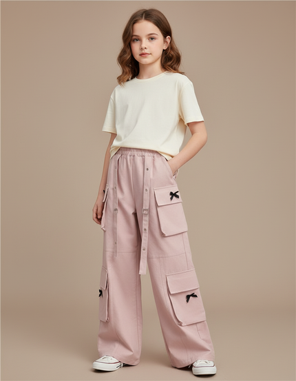 Pantalon Cargo Rose Ample Multipoches Fille Bowknot - Toile