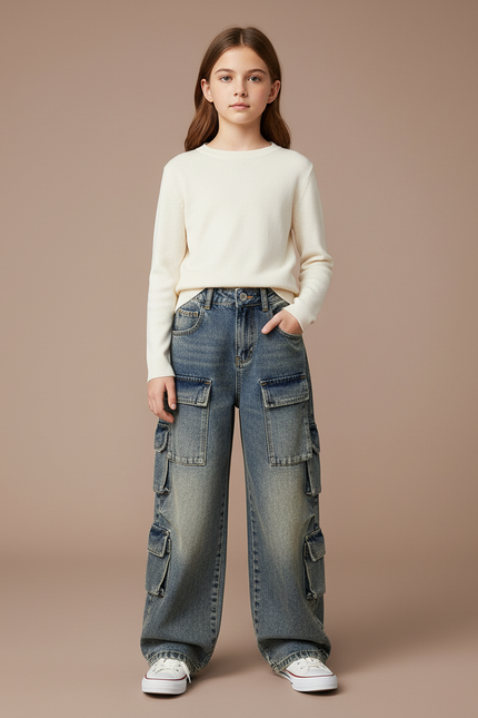 Pantalon Cargo Denim Ample Délavé Multipoches Fille - Bleu Jean