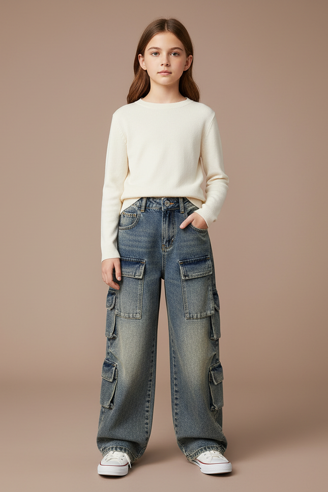 Pantalon Cargo Denim Ample Délavé Multipoches Fille - Bleu Jean