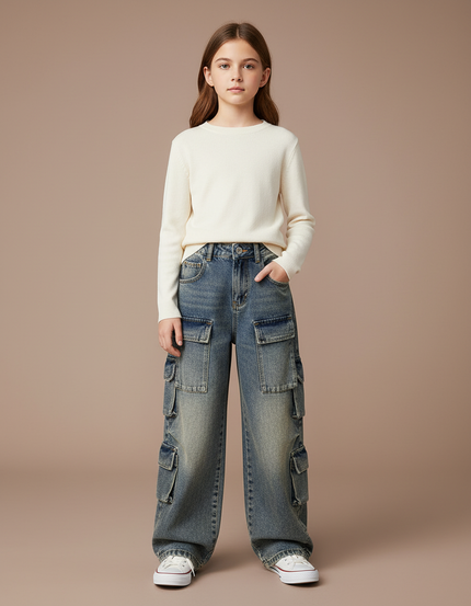 Pantalon Cargo Denim Ample Délavé Multipoches Fille - Bleu Jean