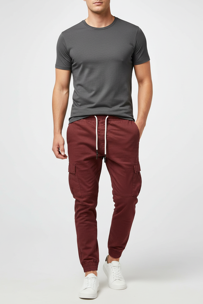 Pantalon Cargo Bordeaux Décontracté Cordon Élastique Multipoches Homme - Coton