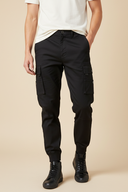 Pantalon Cargo Noir Homme Multipoches Jogger Coton