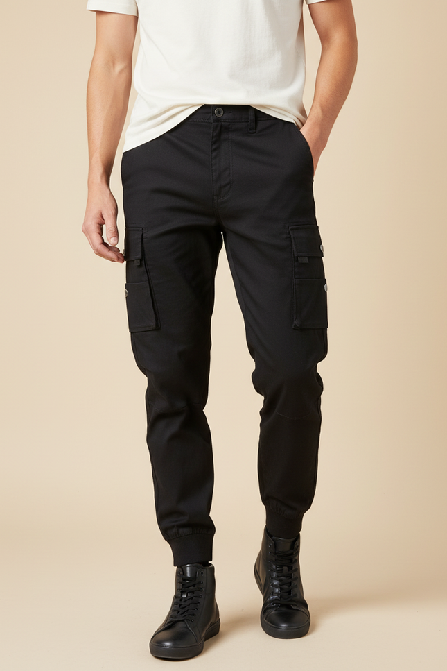 Pantalon Cargo Noir Homme Multipoches Jogger Coton