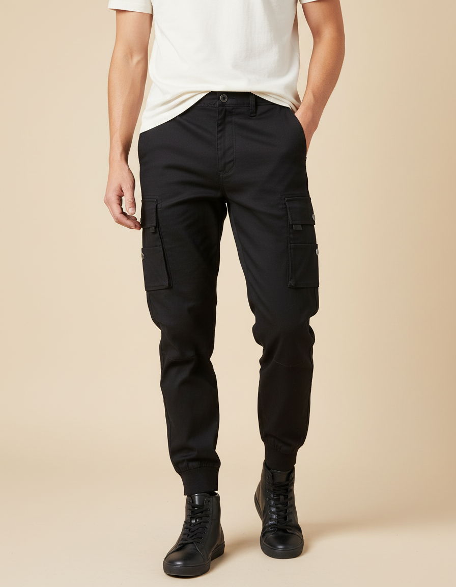 Pantalon Cargo Noir Homme Multipoches Jogger Coton