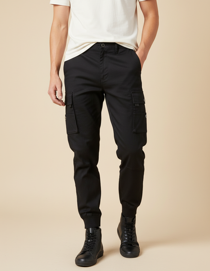 Pantalon Cargo Noir Homme Multipoches Jogger Coton