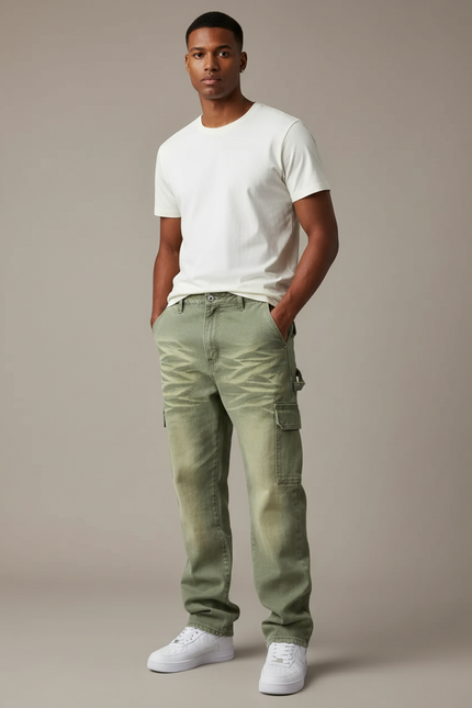 Pantalon Cargo Vert Ample Décontracté Denim Homme - Jean