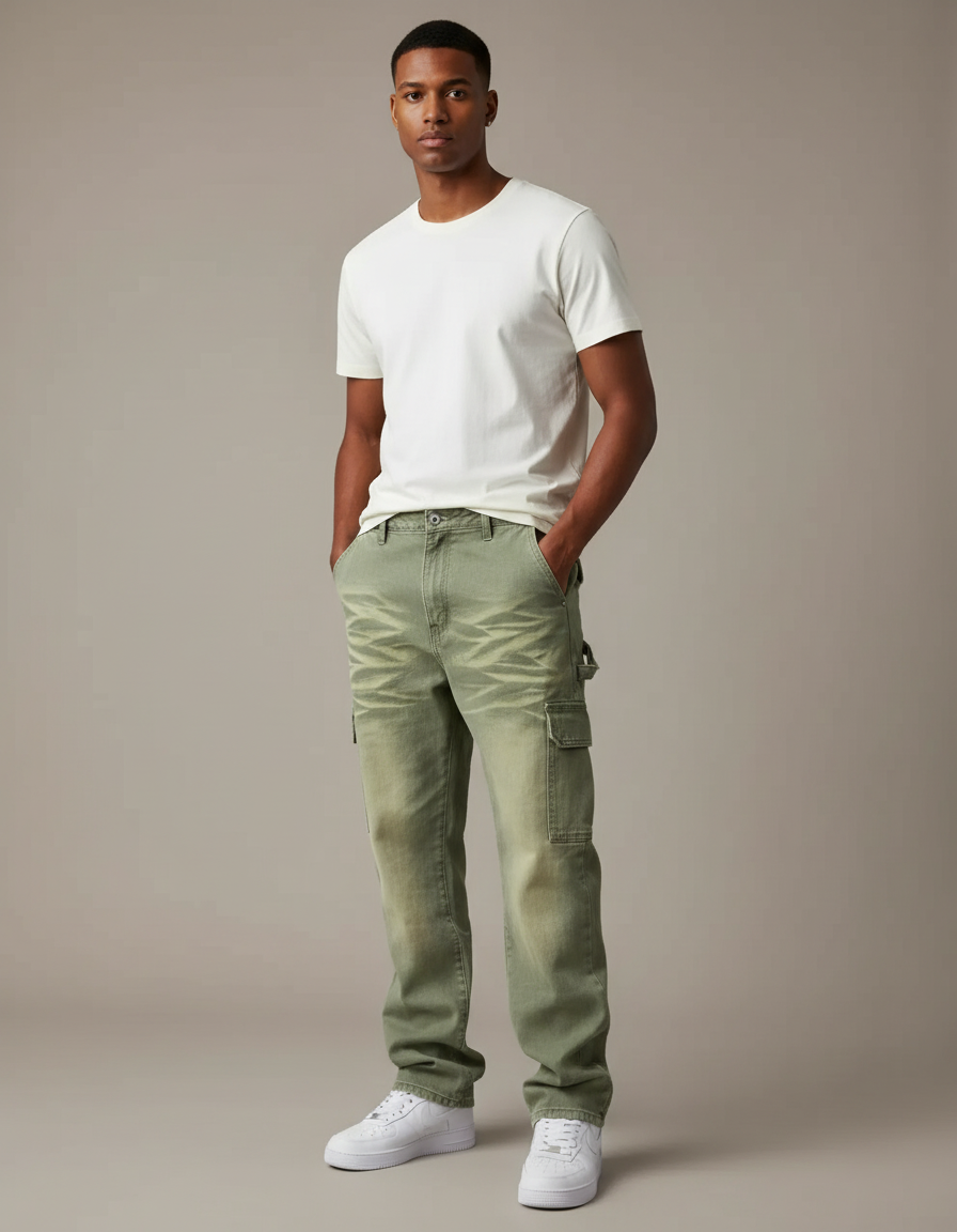 Pantalon Cargo Vert Ample Décontracté Denim Homme - Jean