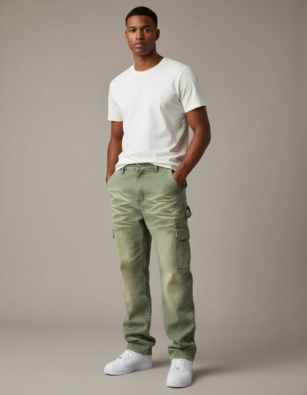 Pantalon Cargo Vert Ample Décontracté Denim Homme - Jean