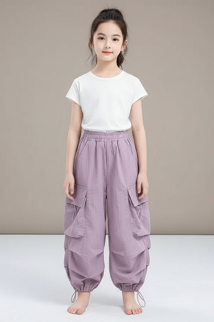 Pantalon Cargo Parme Ample Multipoches Enfant Léger - Violet Polyester