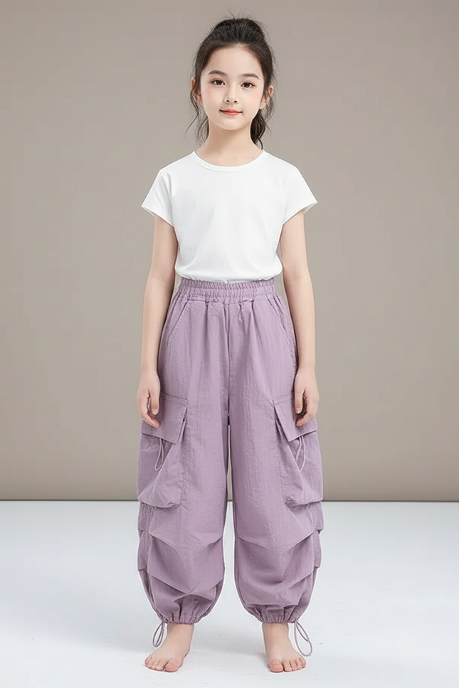 Pantalon Cargo Parme Ample Multipoches Enfant Léger - Violet Polyester