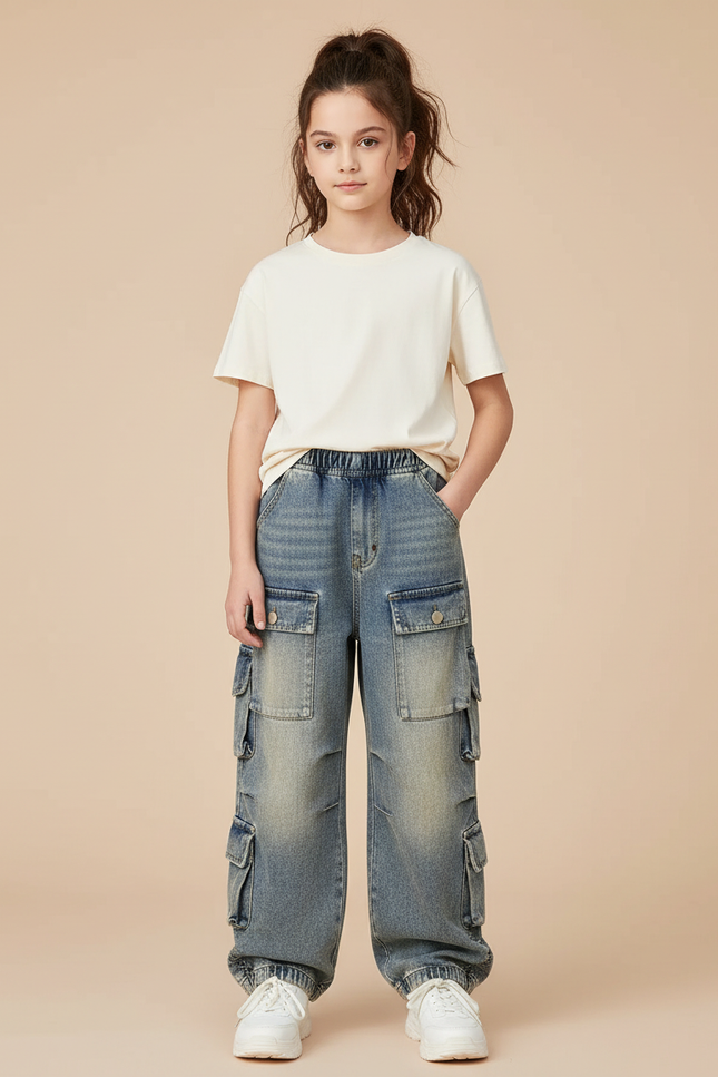 Pantalon Cargo Denim Ample Multipoches Enfant - Bleu Jean