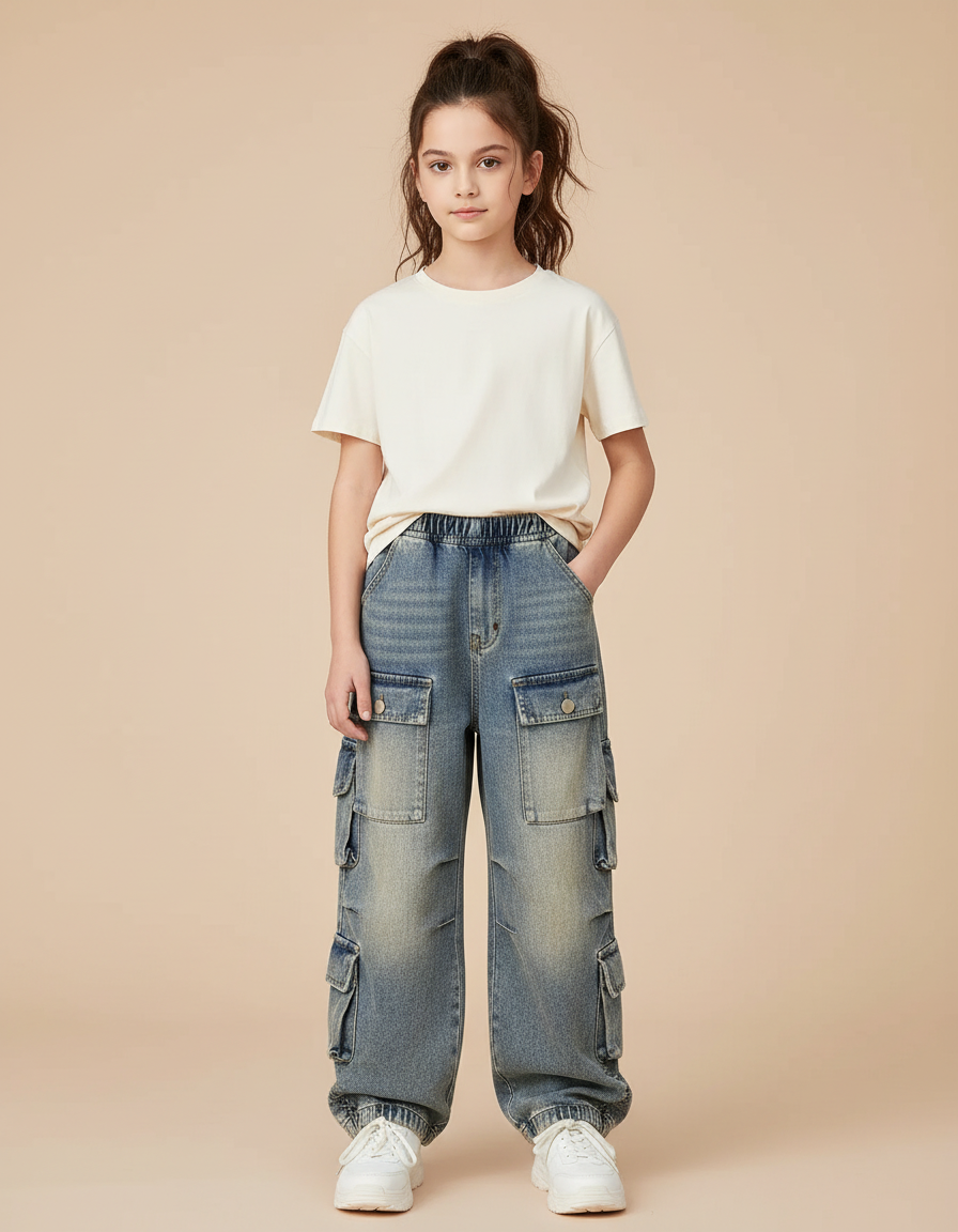 Pantalon Cargo Denim Ample Multipoches Enfant - Bleu Jean