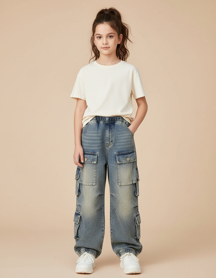 Pantalon Cargo Denim Ample Multipoches Enfant - Bleu Jean