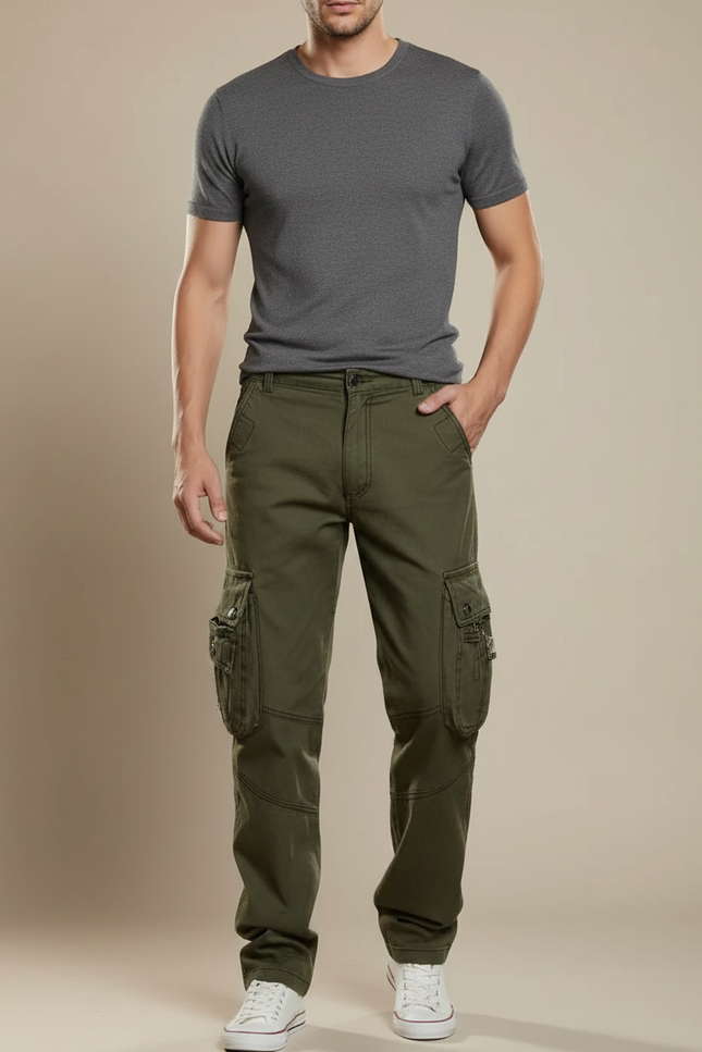 Pantalon Cargo Vert Militaire Ample Multipoches Coton Homme - Kaki