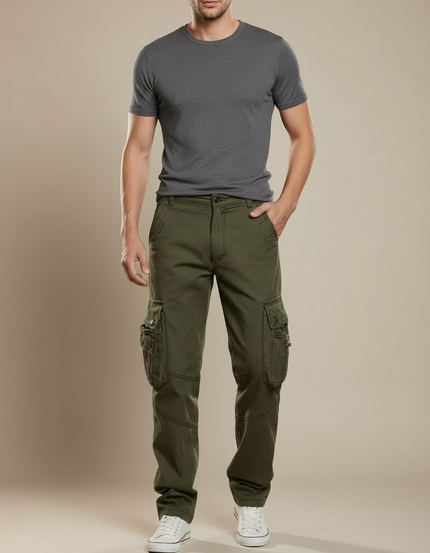 Pantalon Cargo Vert Militaire Ample Multipoches Coton Homme - Kaki