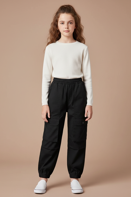 Pantalon Cargo Noir Ample Coton Fille Poches
