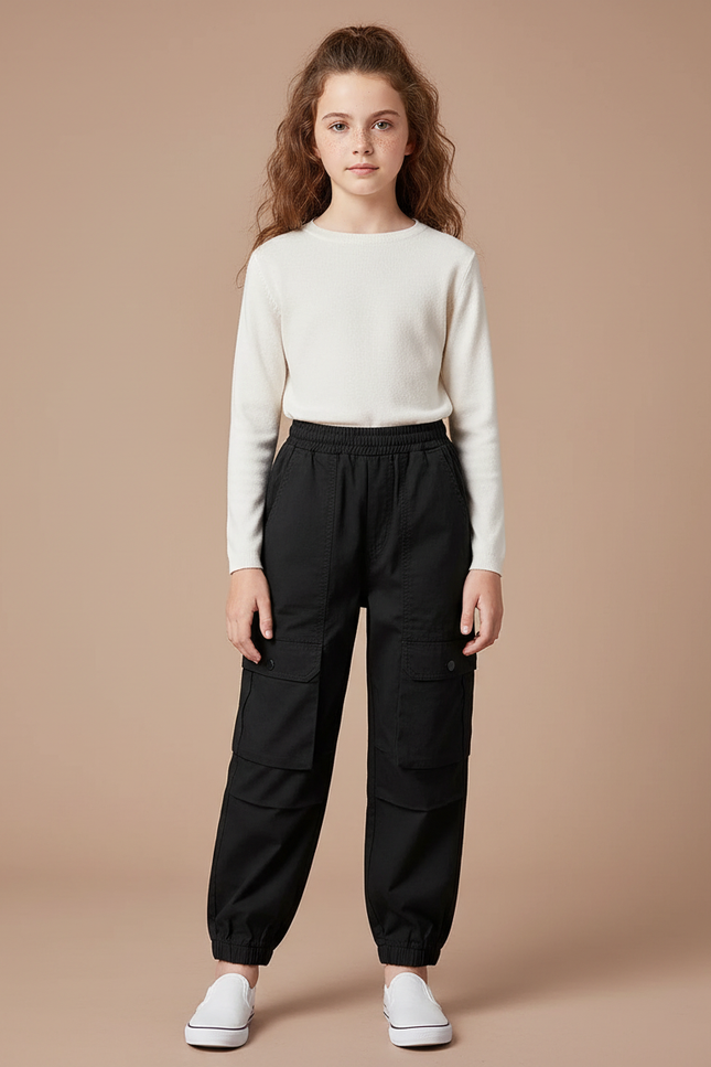 Pantalon Cargo Noir Ample Coton Fille Poches