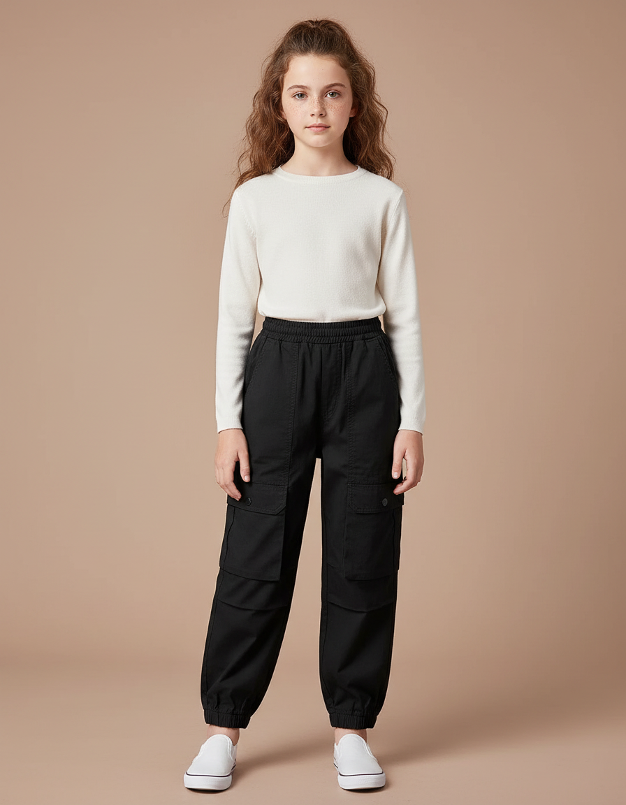 Pantalon Cargo Noir Ample Coton Fille Poches