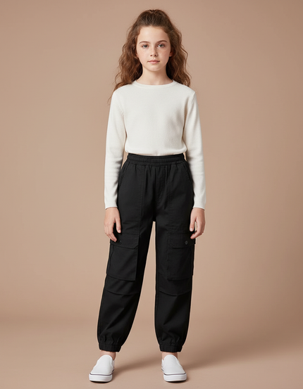 Pantalon Cargo Noir Ample Coton Fille Poches