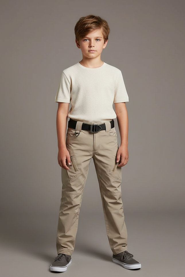 Pantalon Cargo Beige Enfant Multipoches Coupe Droite - Gabardine