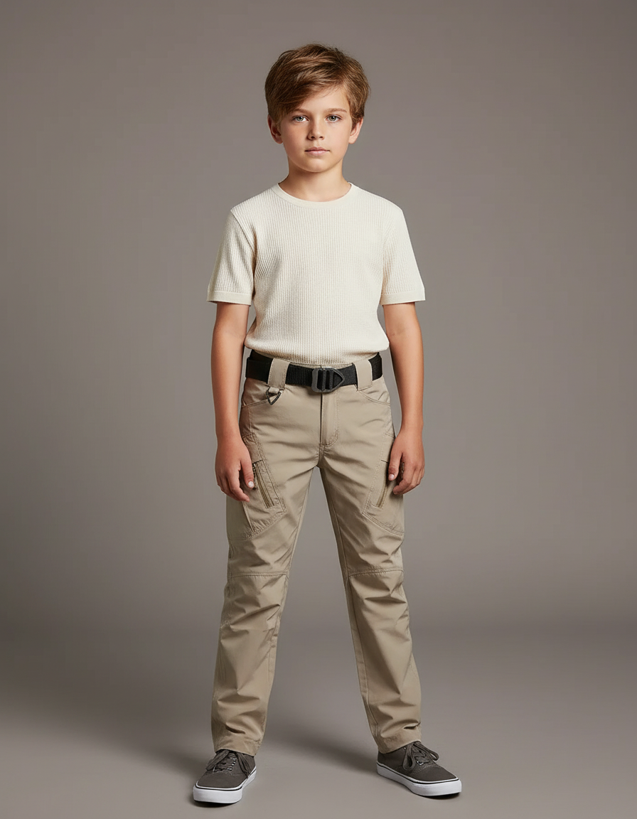 Pantalon Cargo Beige Enfant Multipoches Coupe Droite - Gabardine