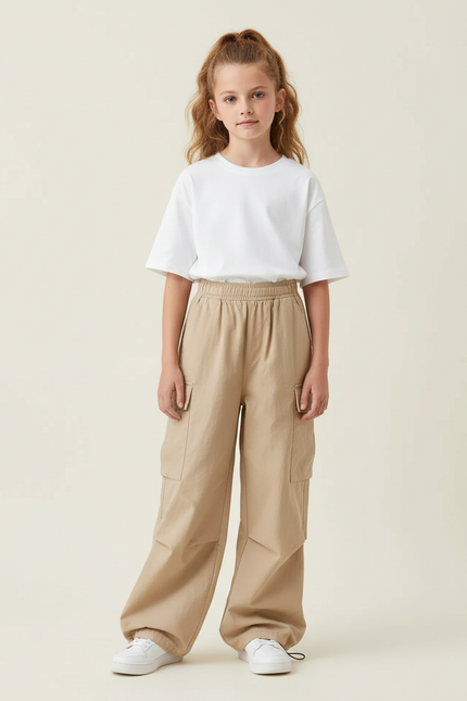 Pantalon Cargo Fille Beige Parachute Toile