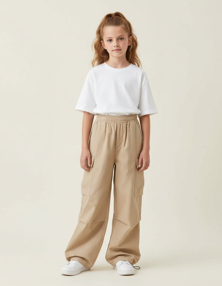 Pantalon Cargo Fille Beige Parachute Toile
