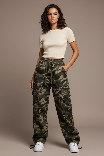 Pantalon Cargo Camouflage Ample Multipoches Militaire - Kaki Toile
