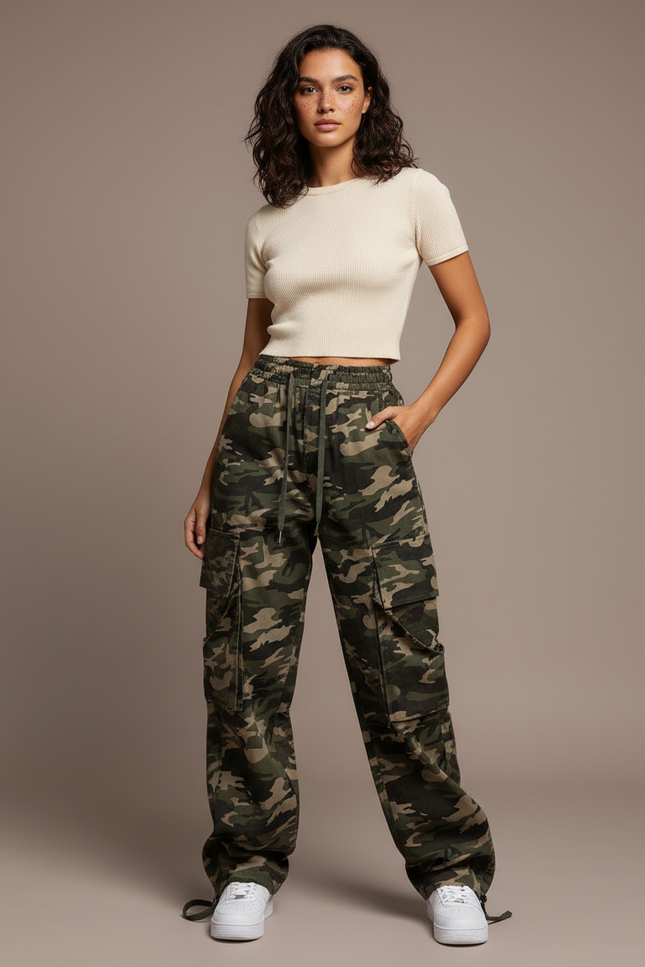 Pantalon Cargo Camouflage Ample Multipoches Militaire - Kaki Toile