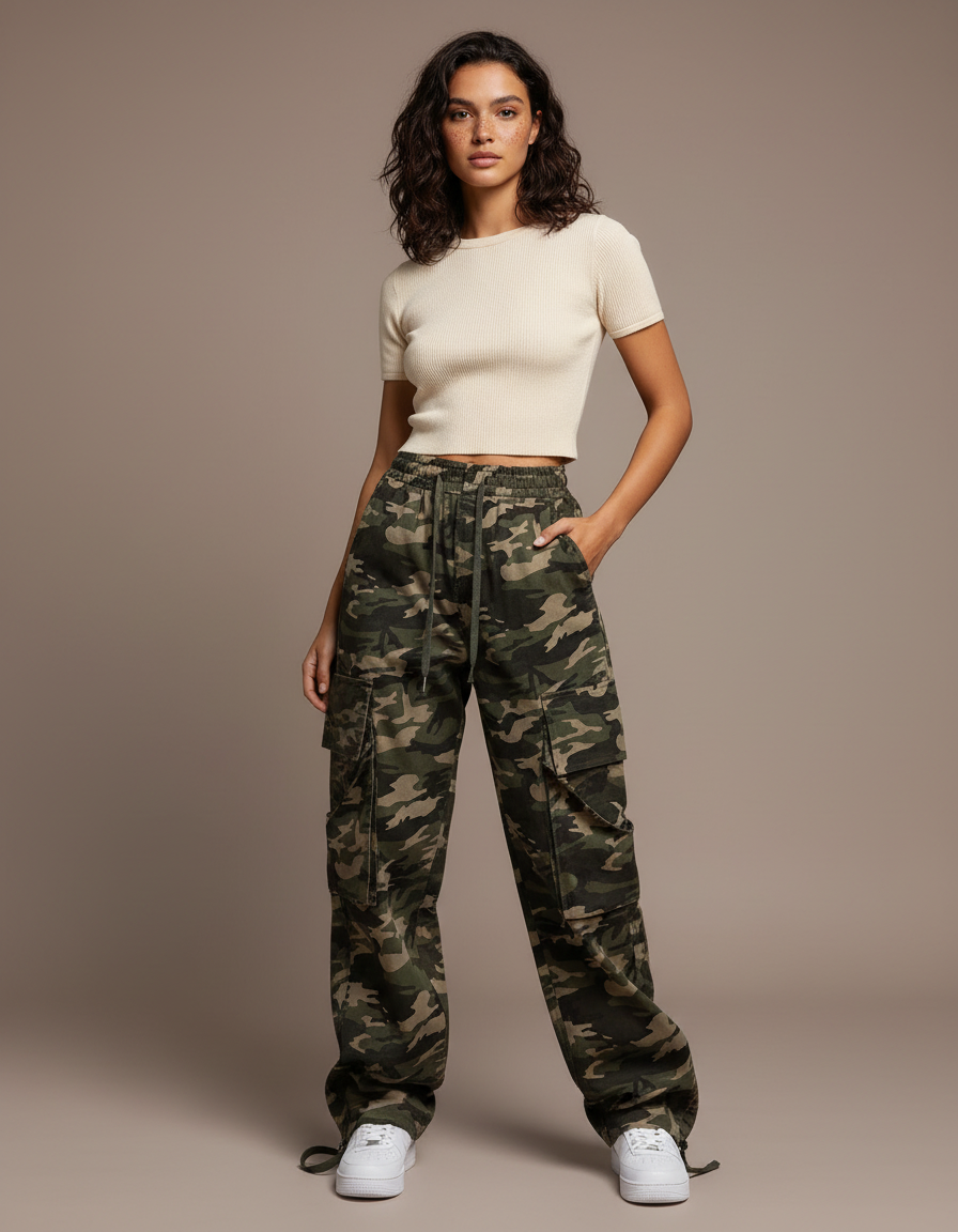 Pantalon Cargo Camouflage Ample Multipoches Militaire - Kaki Toile
