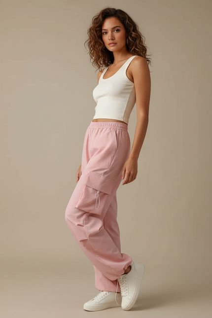 Pantalon Cargo Rose Ample Taille Haute Décontracté - Polyester