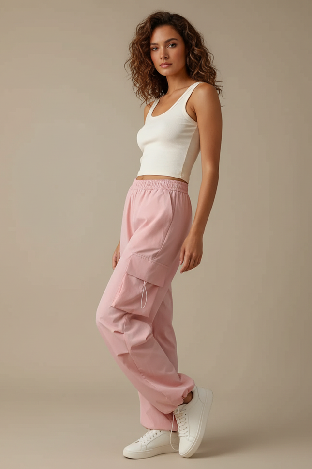 Pantalon Cargo Rose Ample Taille Haute Décontracté - Polyester