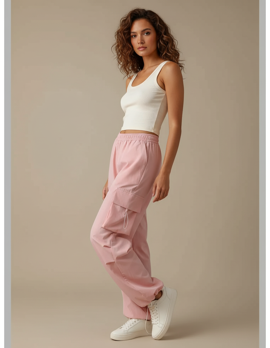 Pantalon Cargo Rose Ample Taille Haute Décontracté - Polyester