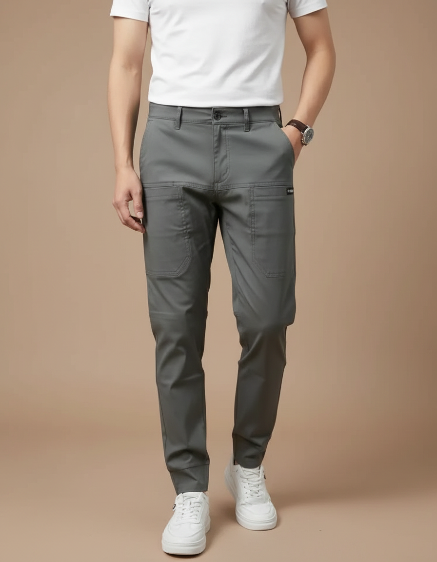 Pantalon Cargo Gris Slim Extensible Multipoches Homme - Polyester