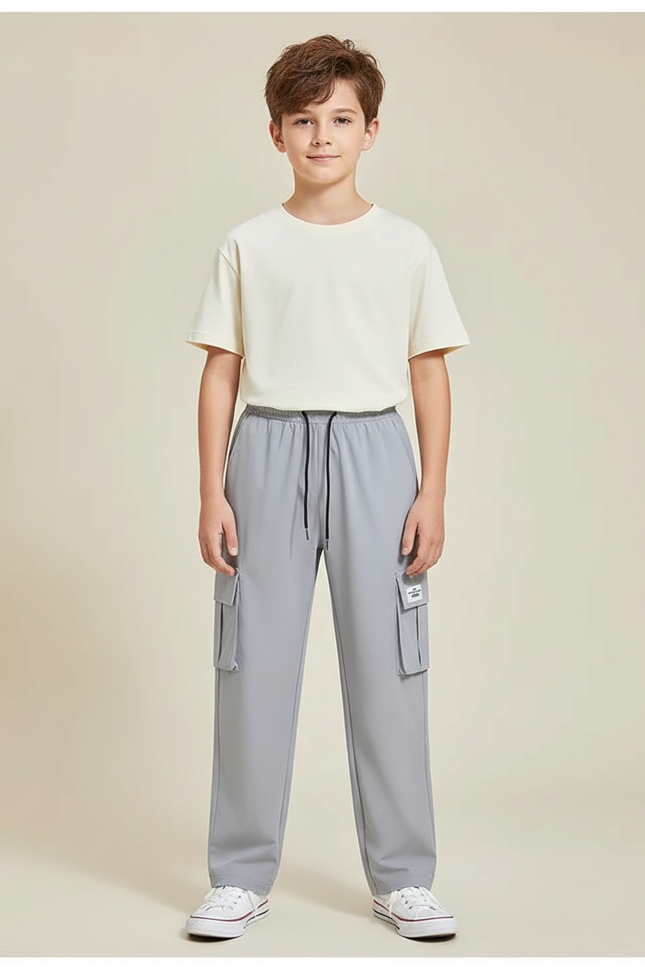 Pantalon Cargo Garçon Gris Droit - Polyester