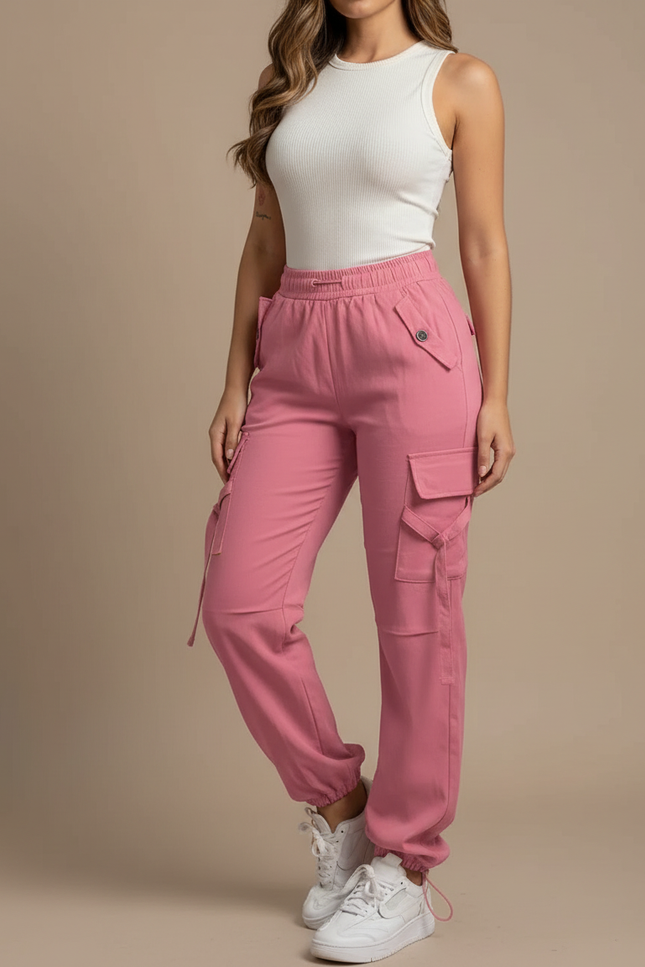 Pantalon Cargo Rose Élastiqué Multipoches Femme - Toile