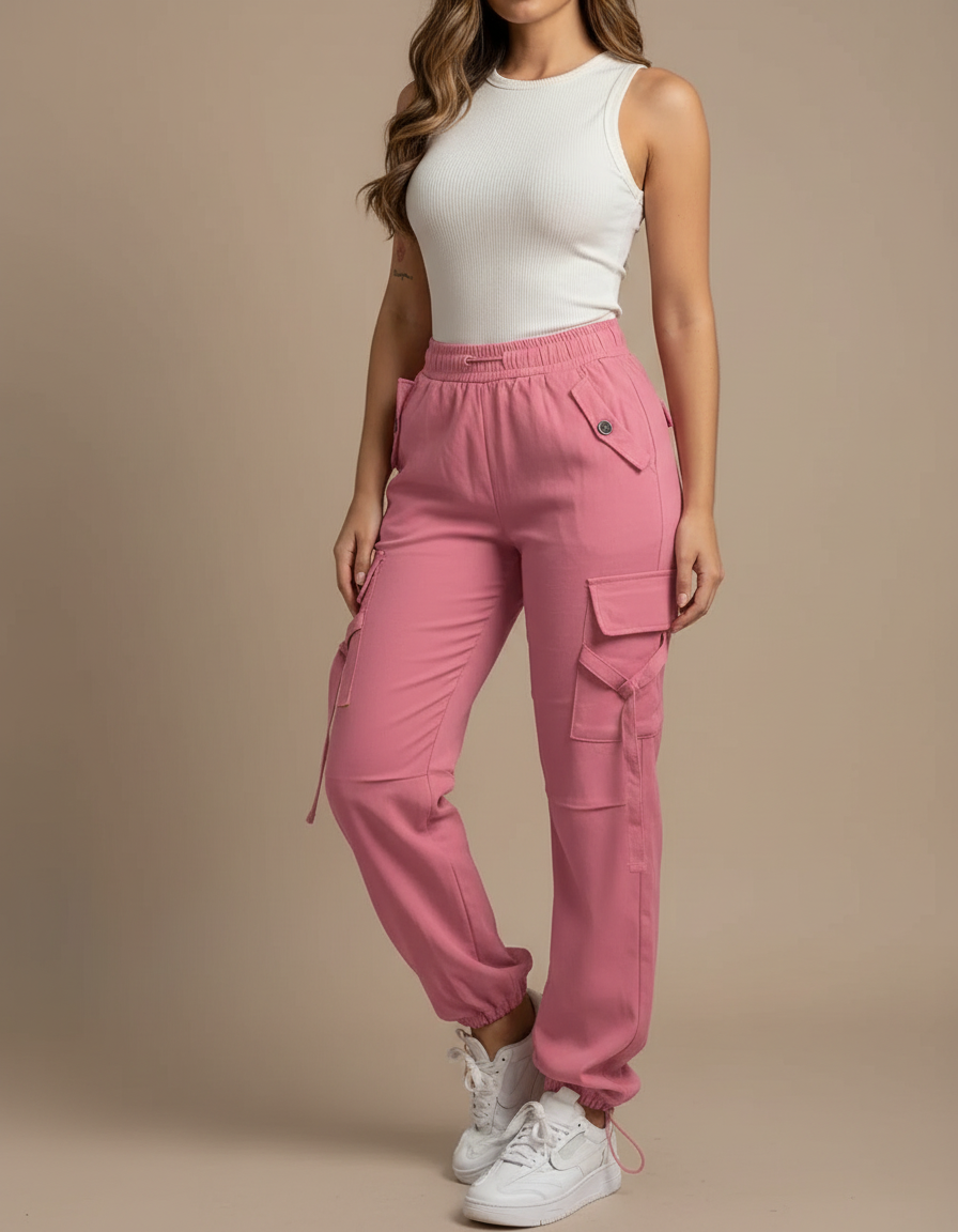 Pantalon Cargo Rose Élastiqué Multipoches Femme - Toile