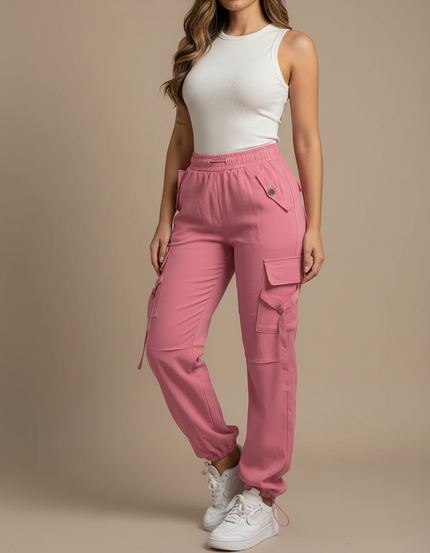 Pantalon Cargo Rose Élastiqué Multipoches Femme - Toile