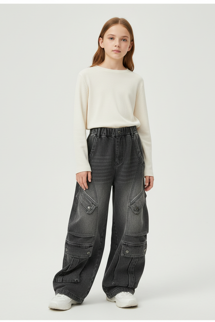 Pantalon Cargo Gris Ample Denim Multipoches Enfant - Jean