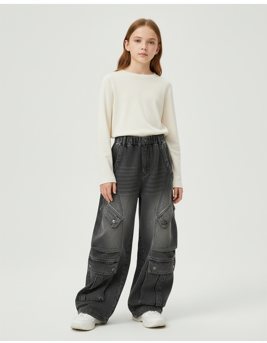 Pantalon Cargo Gris Ample Denim Multipoches Enfant - Jean